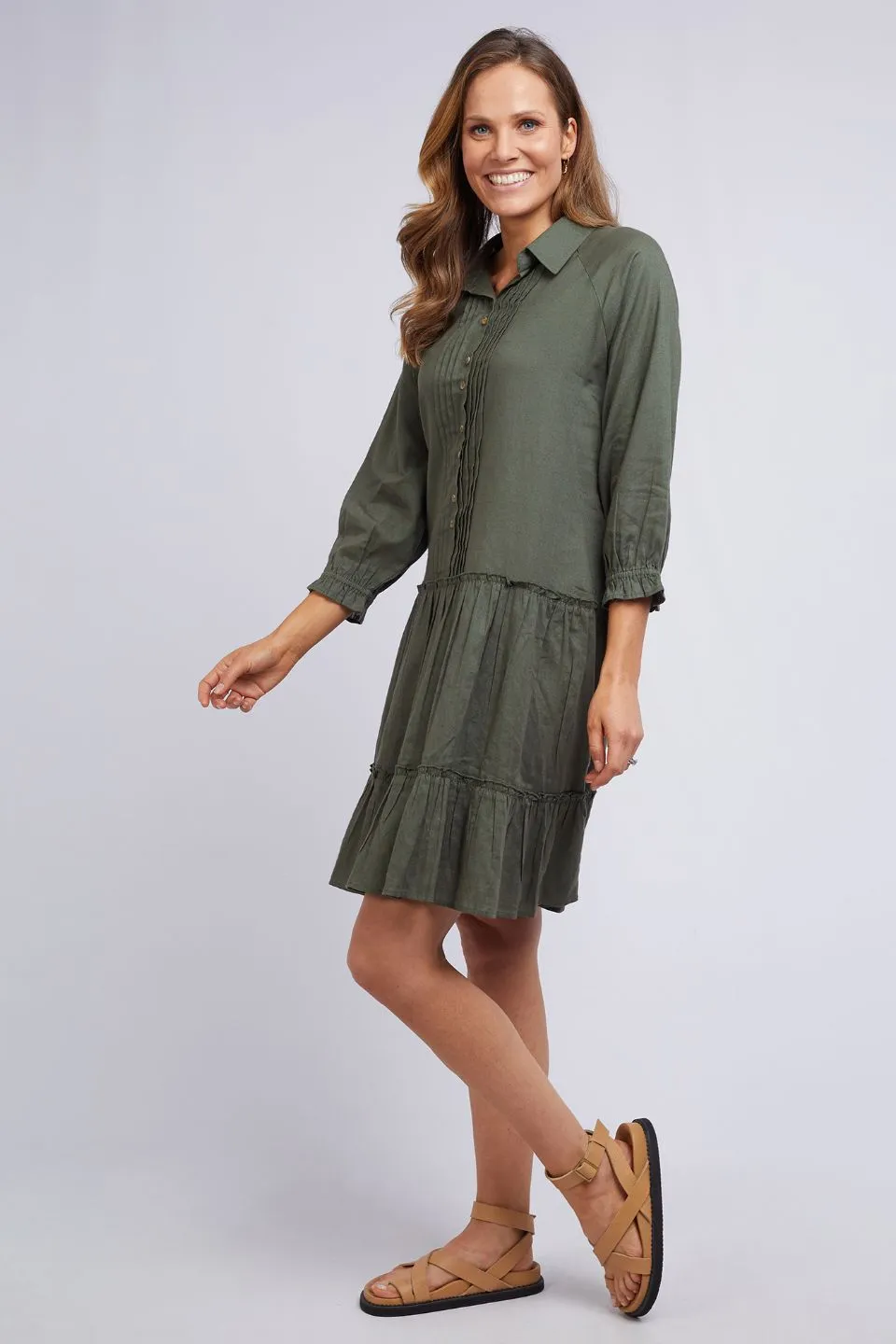 Tulip Button Front Khaki Tiered Mid Dress