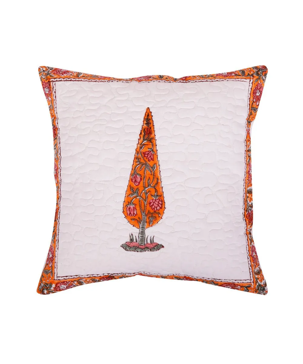 White orange leaf block print cotton cushion cover